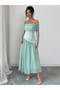 Women Off Shoulder Maxi Dress with Mesh Sleeves