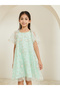 Girls Green Mesh Floral Embroidered Dress - 2