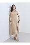 Women Beige Lace Detail Long Sleeves Midi Dress