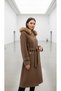 Gingham Textured Detachable Fur Hooded Belted Cashmere Coat - 3