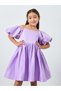 Girls Purple Satin Puff Sleeve Faux Pearls Detail Dress - 2