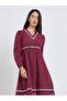 Women Burgundy Embroidered Long Sleeves A-Line Midi Dress - 3