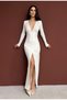 Women's V-Neck Long Sleeve Drape Detail Slit Maxi Dress