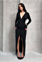 Women's V-Neck Long Sleeve Drape Detail Slit Maxi Dress - 4