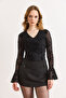 Women's Black Lined V-Neck Spanish Sleeve Blouse Blz-19003202 - 2
