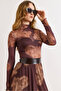 Women's Brown Shawl Pattern Mock Neck Tulle Blouse Blz-19003198