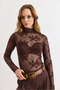 Women's Brown Flock Printed Mock Neck Tulle Blouse Blz-19003199 - 6