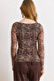 Women's Shawl Brown Lined Boat Neck Patterned Tulle Blouse Blz-19003201 - 2
