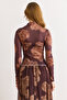 Women's Brown Shawl Pattern Mock Neck Tulle Blouse Blz-19003198 - 3