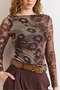 Women's Floral Coffee Lined Boat Neck Patterned Tulle Blouse Blz-19003201 - 6