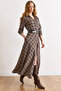 Women's Taupe Pocketed Belted Plaid Polyviscose Maxi Drapey Dress ELB-19002584
