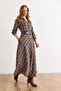Women's Taupe Pocketed Belted Plaid Polyviscose Maxi Drapey Dress ELB-19002584 - 3