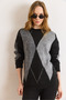 Women's Black Gray Diamond Pattern Thick Knit Sweater Kzk-19001131 - 5