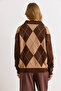 Women's Brown Polo Neck Diamond Pattern Knit Sweater Kzk-19001127 - 3