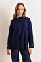 Women's Navy Blue Cuff Buttoned Slit Knitwear Sweater Kzk-19001110 - 2