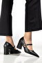 Black Leather Heeled Women's Shoes with Gold Buckle - 4