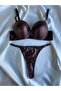 Women's Brown Leather Stone Bow Underwire Supported Padded Bra Set Lingerie Set - 4