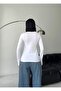 Women's Crew Neck White Basic Slip-On Stretchy Body Cotton Finger Detail Blouse - 5