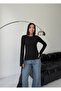 Women's Crew Neck Black Basic Slip-On Stretchy Body Cotton Finger Detail Blouse - 5