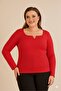 Women's Plus Size Square V Hollow Neck Metal Accessory Long Sleeve Stretchy Crepe Blouse - 6