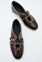 Women's Double Strap Studded Casual Ballerinas Bitter Brown Patent Leather - 3