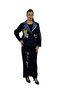 Plus Size Stone Bead Embroidered Striped Denim Detailed Elastic Waist Double Women's Jacket Set - 7