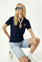 Embroidered Scarf Knitted T-Shirt Lmc0085 Dark Blue - 3