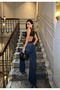 High Waist Stone Detail Wide Leg Jean Pants - 3