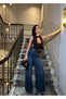 High Waist Stone Detail Wide Leg Jean Pants - 4