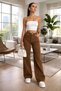Women's Brown Stretch Fabric Super High Waist Wide Leg Denim Palazzo Pants - 2