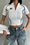 A Embroidered Zippered Striped Short Sleeve White Crop Top