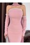 Powder Pearl Detailed Scarf False Sleeve Evening Dress - 5