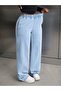 Women's Light Blue Elastic Waist Wide Leg Denim Pants - 2