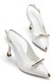 Women's White Patent Leather Special Design Thin Heeled Shoes with Gold Accessories