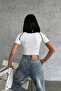 A Embroidered Zippered Striped Short Sleeve White Crop Top - 5