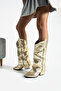 Diva Gold Metal Dust Cover Zipper Detailed 6 cm Heeled Boots - 3