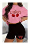 Women's Cherry Printed T-Shirt and Short Leggings Bottom Top Set