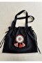Black Tote Tote Bag with Drawstring/Tassel Tile Mandala Detail
