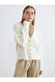 Ecru V-Neck Self-Patterned Women's Knitwear Cardigan