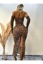 Nude Tulle over Flog Printed Leopard Pattern Midi Dress with Sleeves - 2
