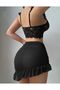 Women's Black Ruffled Lace Detailed 3 Piece Thong Gift Nightgown Set - 3