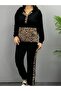    Women's Long Sleeve Leopard Detail Sweat and Leopard Stripe Detail Trousers Double Set - 4