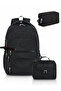 Mega Boy Set of 3 Black Luxury Crinkle Fabric High School and Middle School Backpacks with Pen Holder and Monkey Keychain