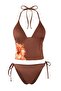 Kahverengi Çiçek Desenli Bağlamalı Tankini Kaplı Normal Bel Brazilian Bikini Takımı TBESS26BT00008 - 4