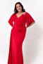 Women's Red Tight Fit Short Sleeve Slit Long Plus Size Evening Dress - 3