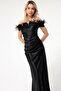 Women's Black Slim Fit Boat Neck Otrish Long Satin Evening Dress - 3
