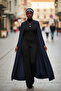 Layered Navy Blue-Cream Ready-Made Turban Hijab with Organza Roses on the Back, Suitable for Medical Use - 3