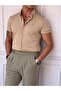Men's Beige Slim Fit Cotton Knitted Polo Neck Short Sleeve Shirt - 2