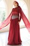 Satin-Yoryo Silk Hijab Evening Dress with Stone Detailing and Pleated Cape Detail Bordo 1054