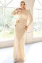 Floral Brooched Lace-Up Back Satin and Sequined Hijab Evening Dress Set Beige 1683 - 2